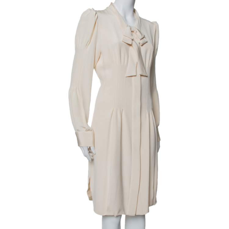 Pre Owned Oscar de la Renta Cream Silk Neck Tie Detail Button Front Shirt Dress L