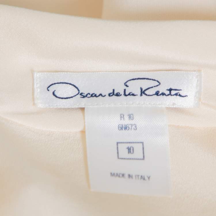 Pre Owned Oscar de la Renta Cream Silk Neck Tie Detail Button Front Shirt Dress L