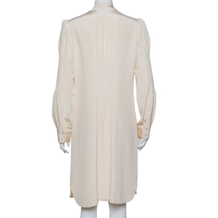 Pre Owned Oscar de la Renta Cream Silk Neck Tie Detail Button Front Shirt Dress L