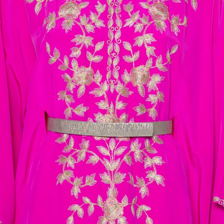 Pre Owned Oscar de la Renta Fuschia Pink Silk Embroidered Detail Belted Maxi Dress M