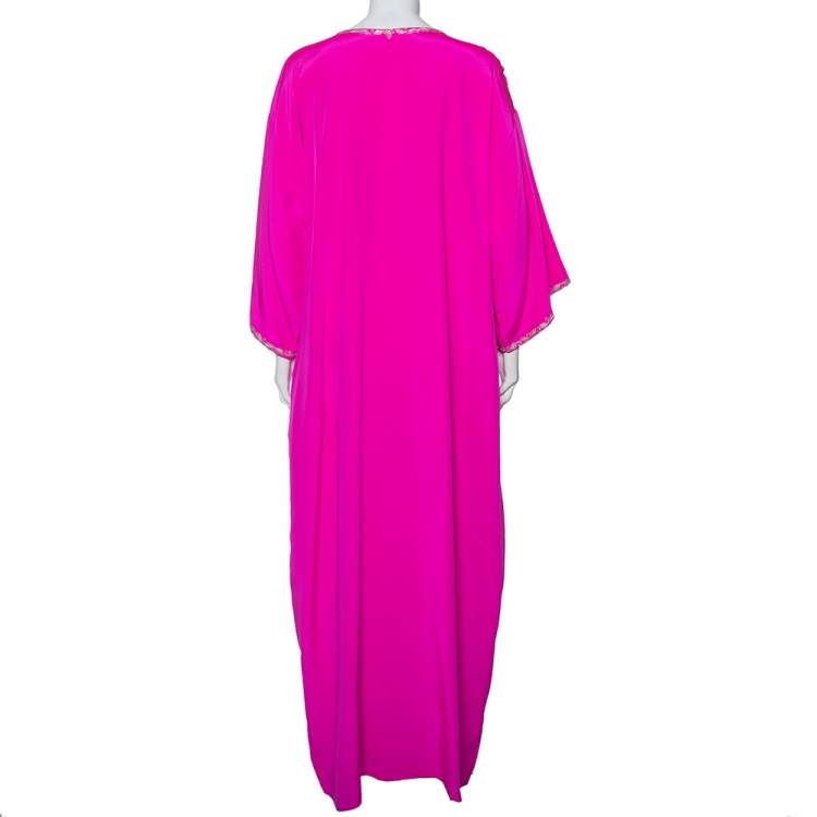 Pre Owned Oscar de la Renta Fuschia Pink Silk Embroidered Detail Belted Maxi Dress M