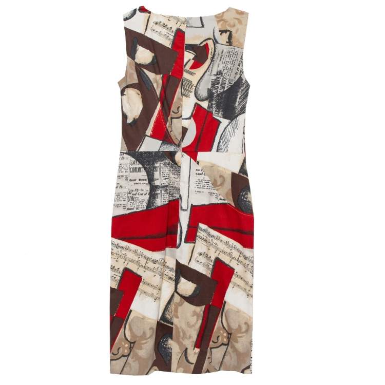 Pre Owned Oscar de la Renta Brown Musical Printed Cotton Sleeveless Sheath Dress S