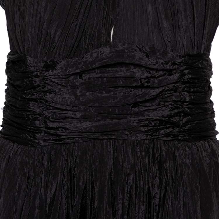Pre Owned Oscar de la Renta Black Silk Plissé Asymmetrical Hem Detail Flared Gown M