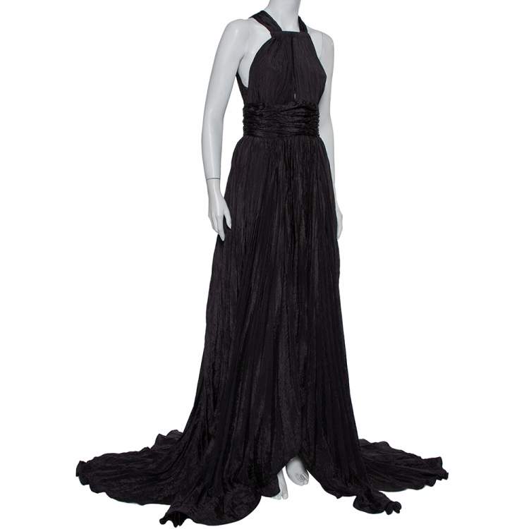 Pre Owned Oscar de la Renta Black Silk Plissé Asymmetrical Hem Detail Flared Gown M