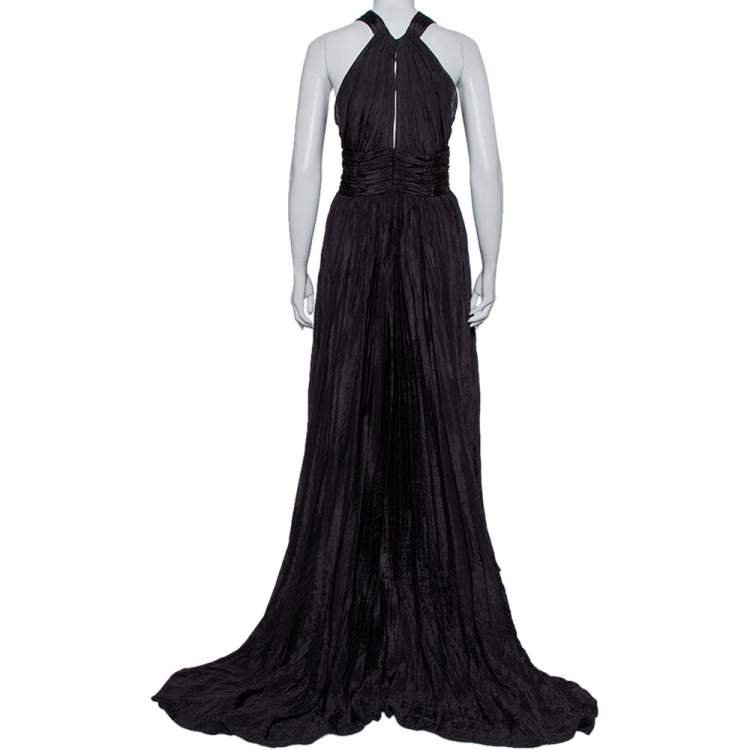 Pre Owned Oscar de la Renta Black Silk Plissé Asymmetrical Hem Detail Flared Gown M