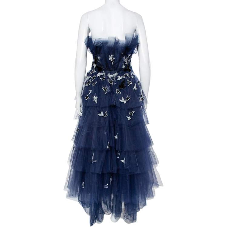 Pre Owned Oscar de la Renta Navy Blue Tulle Sequin Embellished Tiered Midi Dress M