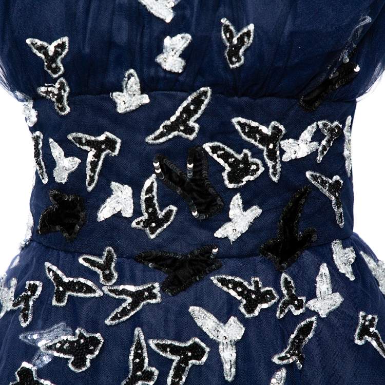Pre Owned Oscar de la Renta Navy Blue Tulle Sequin Embellished Tiered Midi Dress M