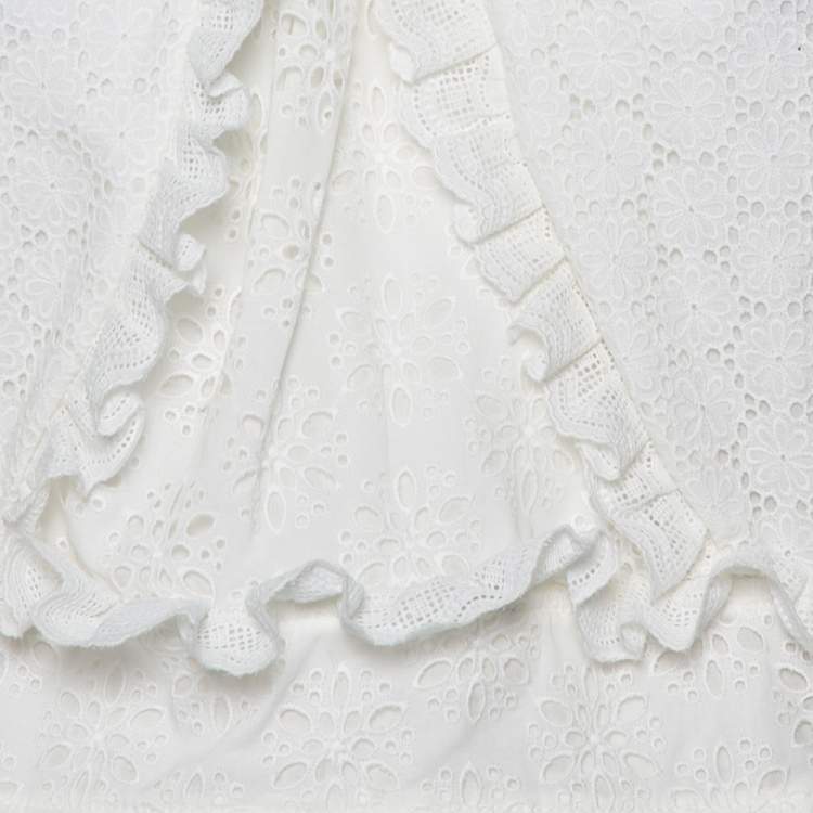 Pre Owned Oscar de la Renta White Lace Ruffle Detail Draped Peplum Top L