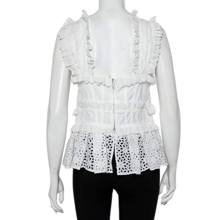 Pre Owned Oscar de la Renta White Lace Ruffle Detail Draped Peplum Top L