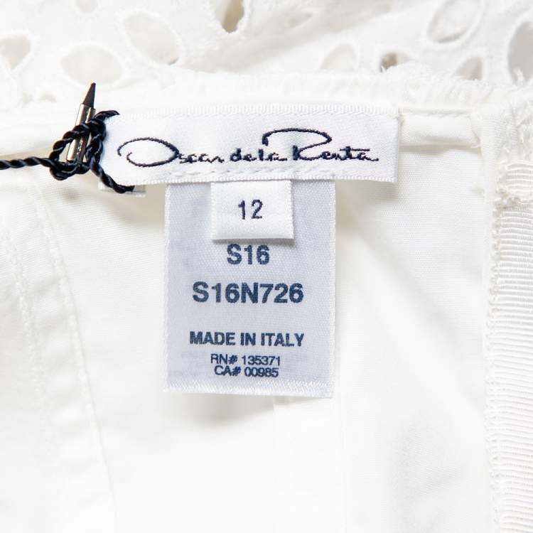 Pre Owned Oscar de la Renta White Lace Ruffle Detail Draped Peplum Top L