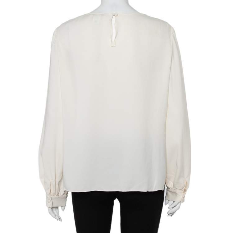 Pre Owned Oscar de la Renta Off White Silk Grid Neckline Detail Top XL