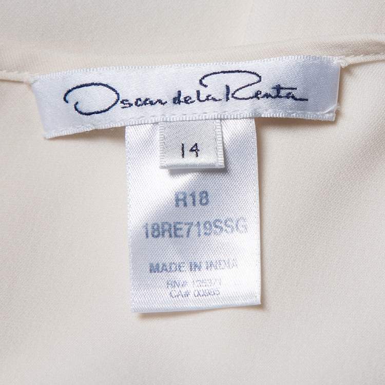 Pre Owned Oscar de la Renta Off White Silk Grid Neckline Detail Top XL