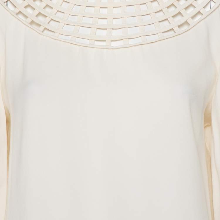 Pre Owned Oscar de la Renta Off White Silk Grid Neckline Detail Top XL