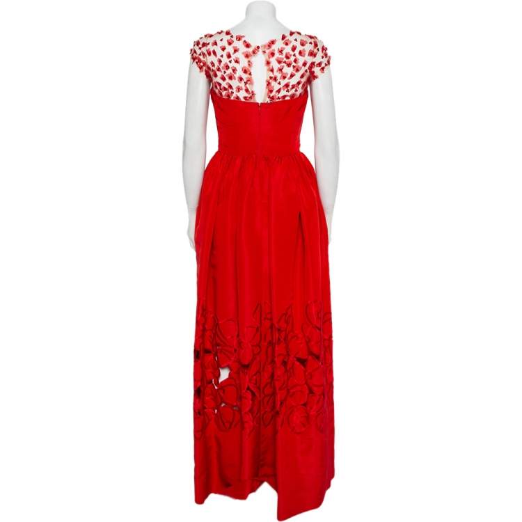 Pre Owned Oscar de la Renta Red Sequin Floral Embellished Cutout Detail Ball Gown L