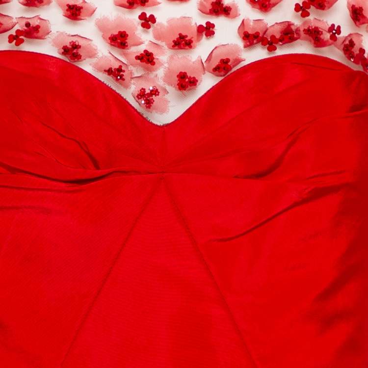 Pre Owned Oscar de la Renta Red Sequin Floral Embellished Cutout Detail Ball Gown L