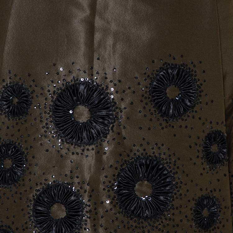 Pre Owned Oscar de la Renta Olive Green Silk Sequin Embellished Pleated Skirt S