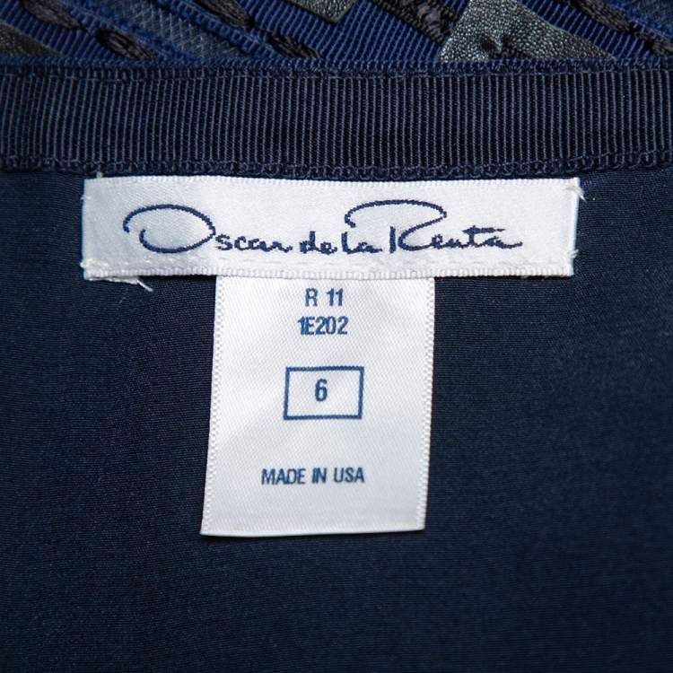 Pre Owned Oscar de la Renta Navy Blue Synthetic & Faux Leather Trim Pencil Skirt M