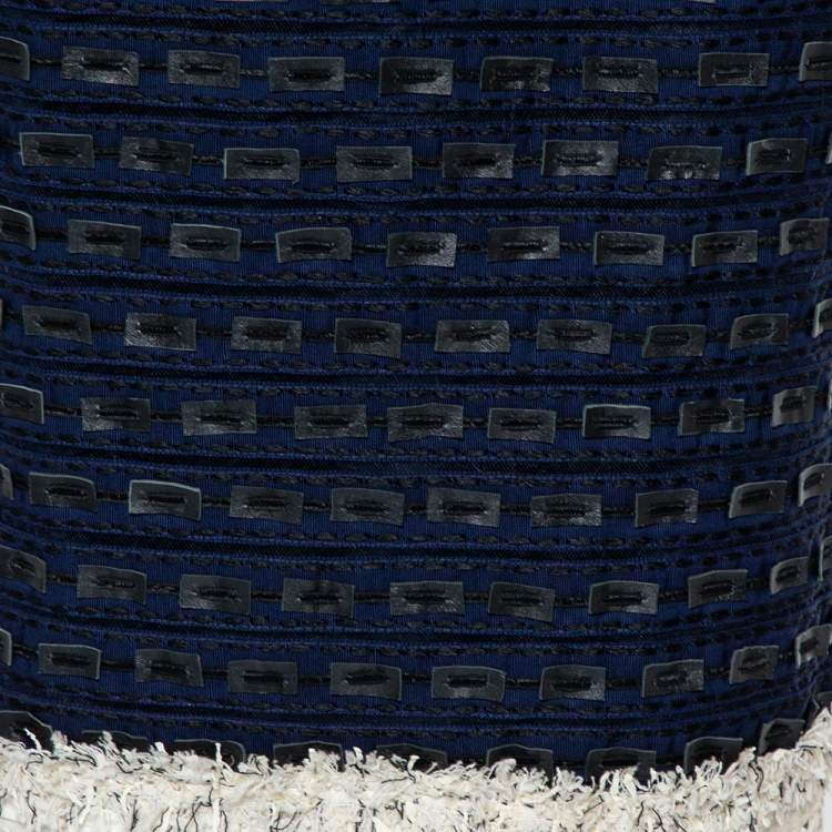 Pre Owned Oscar de la Renta Navy Blue Synthetic & Faux Leather Trim Pencil Skirt M