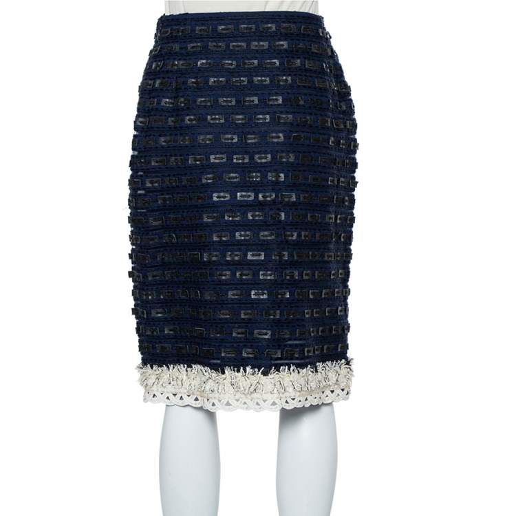 Pre Owned Oscar de la Renta Navy Blue Synthetic & Faux Leather Trim Pencil Skirt M