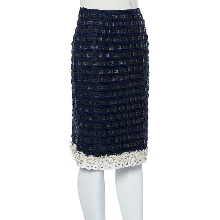 Pre Owned Oscar de la Renta Navy Blue Synthetic & Faux Leather Trim Pencil Skirt M