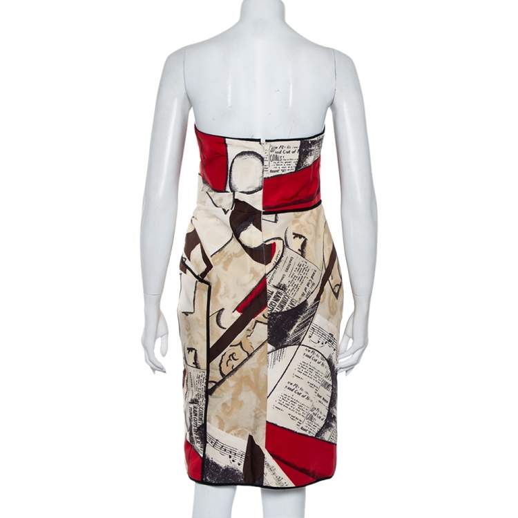 Pre Owned Oscar de la Renta Multicolor Printed Silk Strapless Mini Dress L