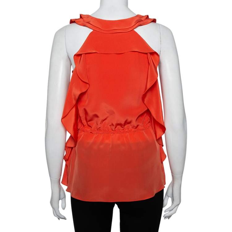 Pre Owned Oscar de la Renta Orange Ruffled Silk Sleeveless Top S