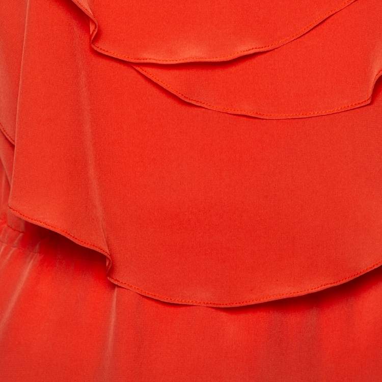 Pre Owned Oscar de la Renta Orange Ruffled Silk Sleeveless Top S