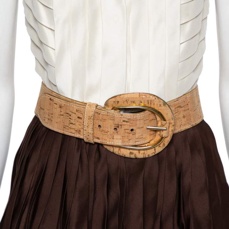 Pre Owned Oscar de la Renta Cream & Brown Silk Pleated Belted Mini Dress S
