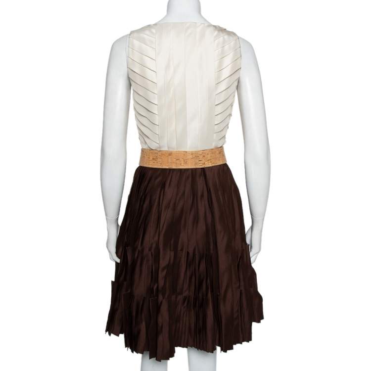 Pre Owned Oscar de la Renta Cream & Brown Silk Pleated Belted Mini Dress S