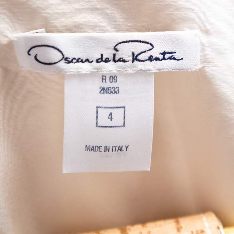 Pre Owned Oscar de la Renta Cream & Brown Silk Pleated Belted Mini Dress S