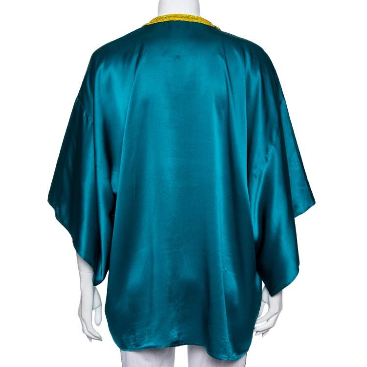 Pre Owned Oscar de la Renta Green Silk Satin Embellished Neck Detail Oversized Top L
