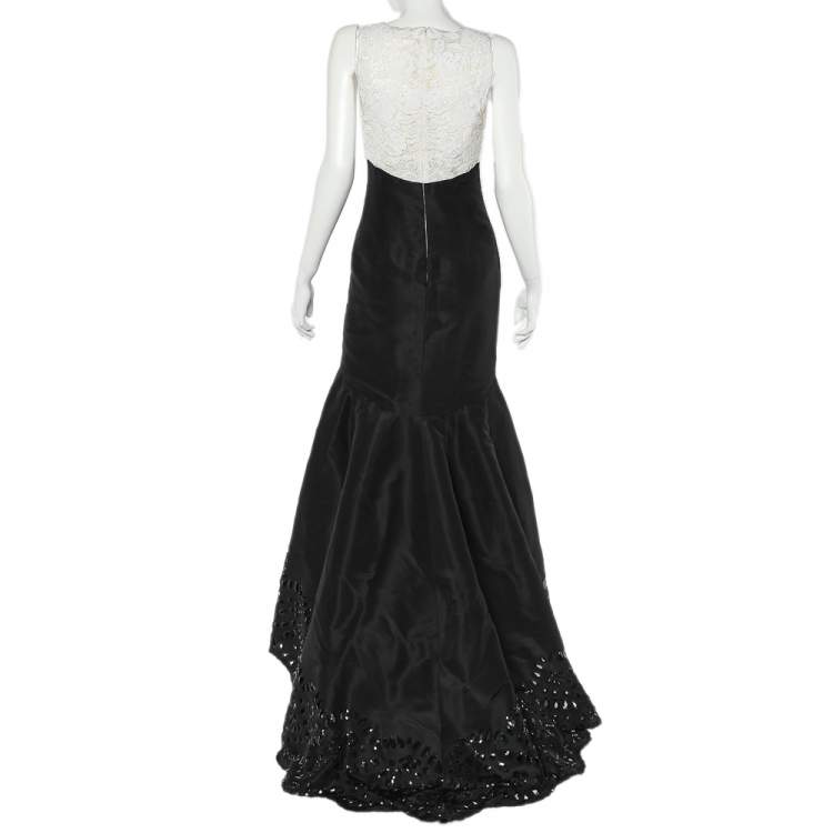 Pre Owned Oscar de la Renta Monochrome Lace & Synthetic Paneled Asymmetric Hem Gown S