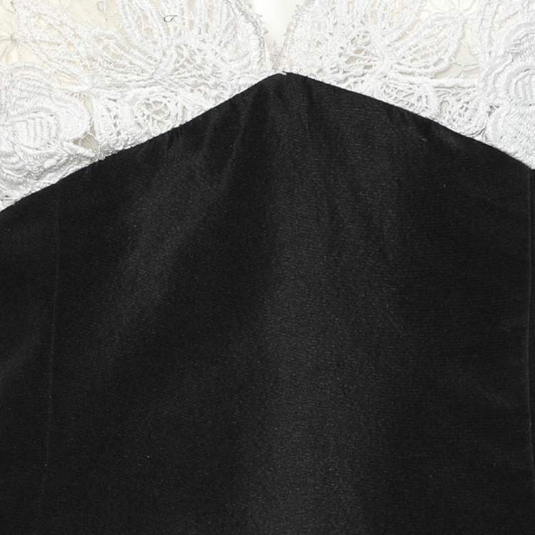 Pre Owned Oscar de la Renta Monochrome Lace & Synthetic Paneled Asymmetric Hem Gown S