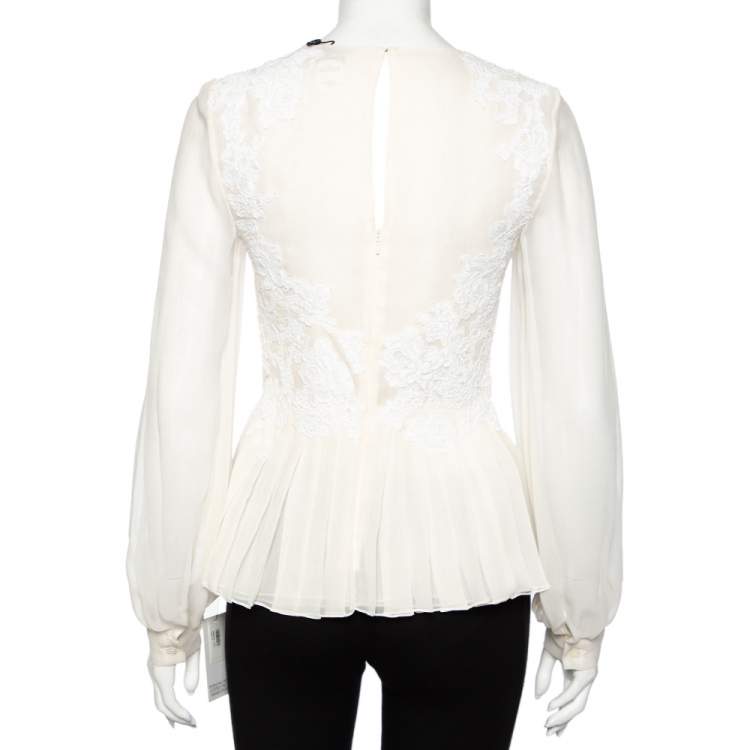 مملوكة مسبقًا Oscar de la Renta Cream Silk Plisse Lace Detail Long Sleeve Blouse S