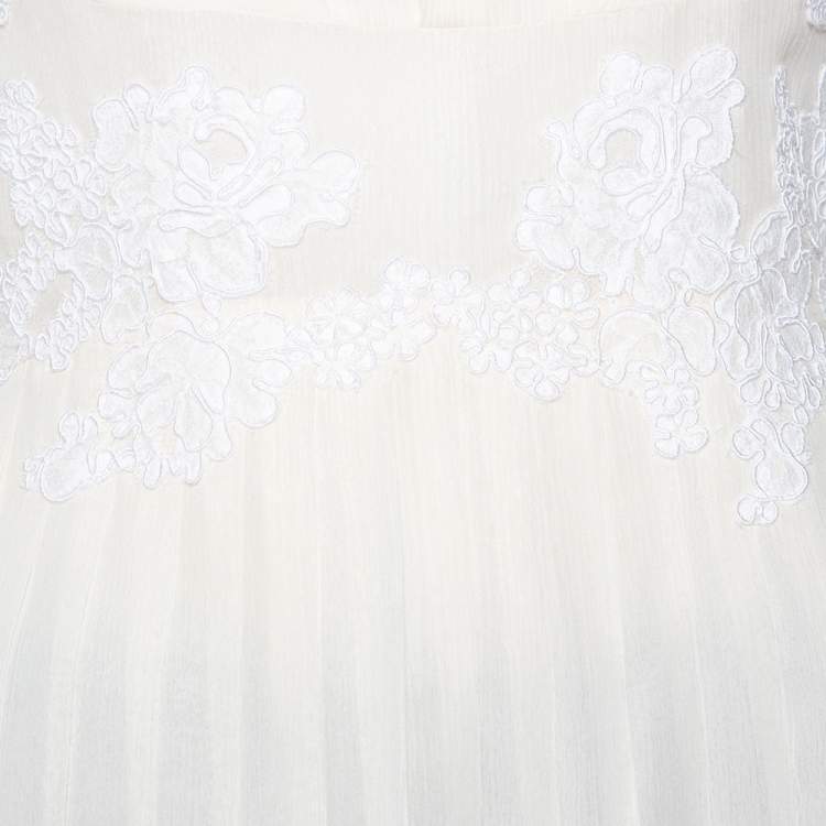 مملوكة مسبقًا Oscar de la Renta Cream Silk Plisse Lace Detail Long Sleeve Blouse S