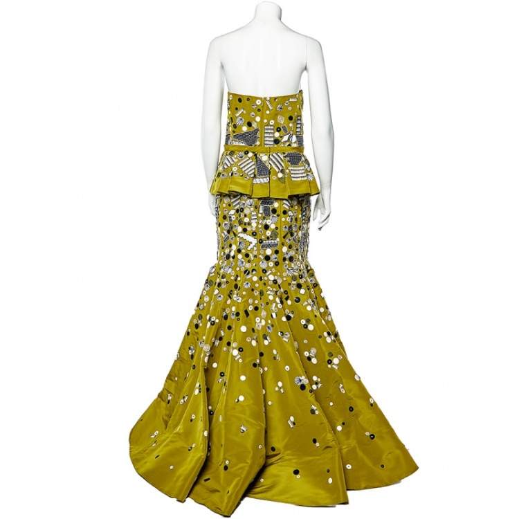Pre Owned Oscar de la Renta Olive Green Embellished Silk Belt Detail Strapless Gown L