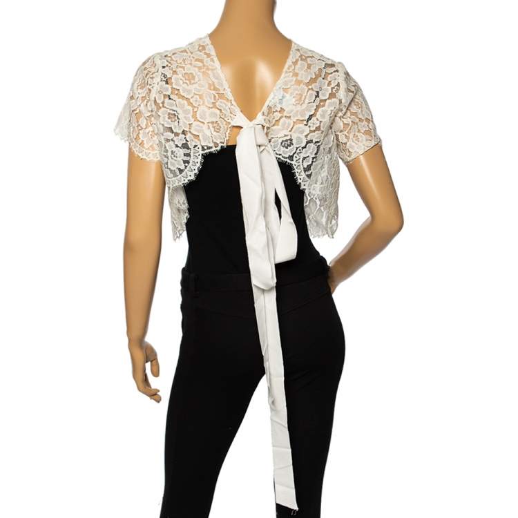 Pre Owned Oscar de la Renta Off White Lace Open Back Corded Cropped Top M