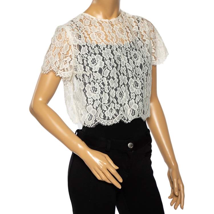 Pre Owned Oscar de la Renta Off White Lace Open Back Corded Cropped Top M