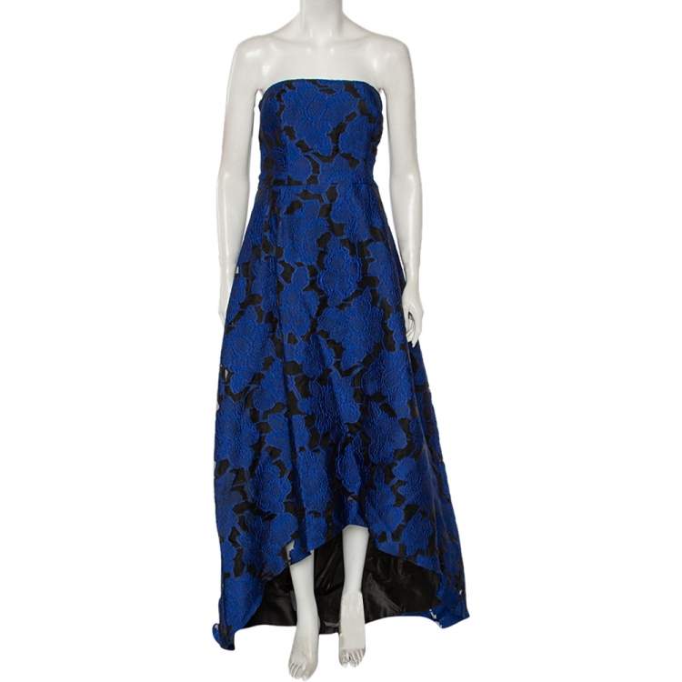 Pre Owned Oscar de la Renta Blue Floral Devore Lace Strapless Gown XL