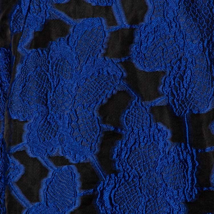 Pre Owned Oscar de la Renta Blue Floral Devore Lace Strapless Gown XL