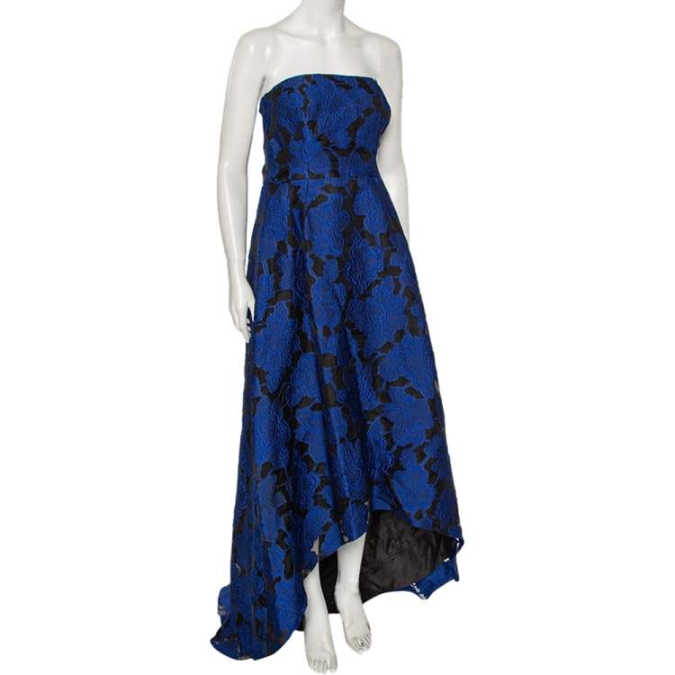 Pre Owned Oscar de la Renta Blue Floral Devore Lace Strapless Gown XL