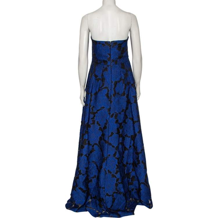 Pre Owned Oscar de la Renta Blue Floral Devore Lace Strapless Gown XL