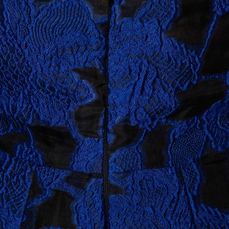 Pre Owned Oscar de la Renta Blue Floral Devore Lace Strapless Gown XL