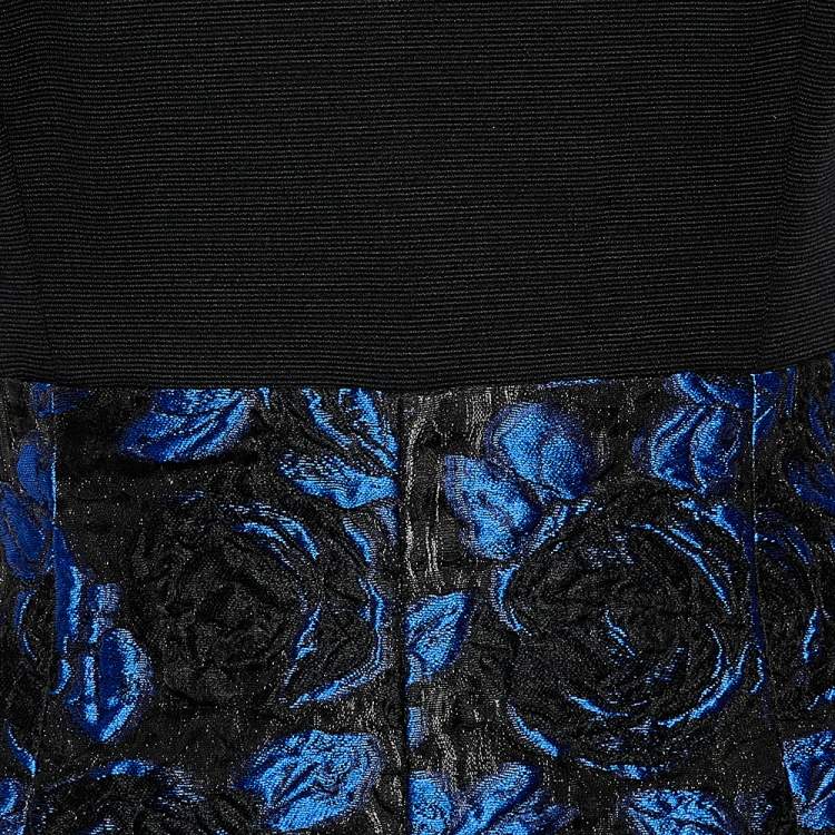 Pre Owned Oscar de la Renta Black Knit & Floral Jacquard Paneled Sleeveless Gown S