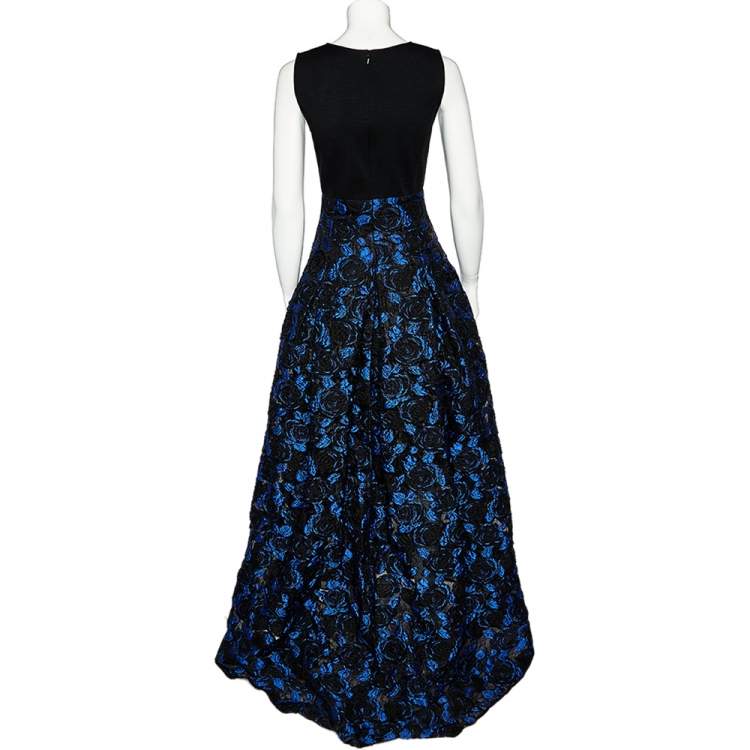 Pre Owned Oscar de la Renta Black Knit & Floral Jacquard Paneled Sleeveless Gown S