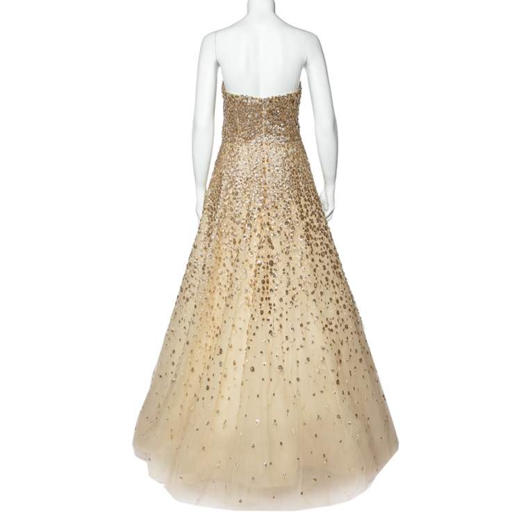 Pre Owned Oscar de la Renta Gold Embellished Tulle Strapless Gown M