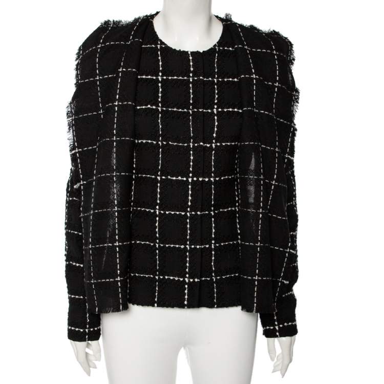 Pre Owned Oscar de la Renta Monochrome Embroidered Wool Button Front Jacket M