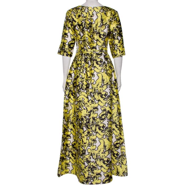 Pre Owned Oscar de la Renta Yellow Printed Silk Belted Maxi Dress M