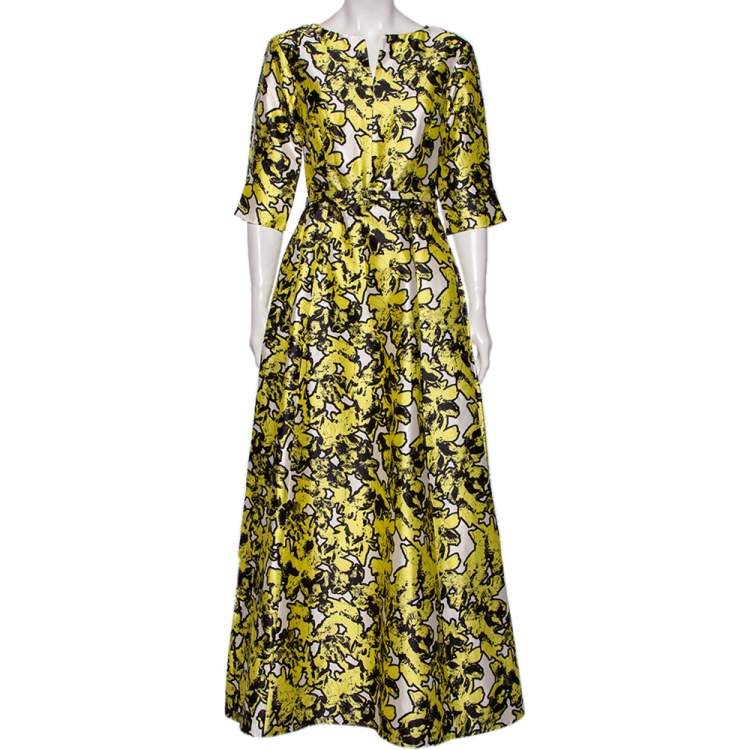 Pre Owned Oscar de la Renta Yellow Printed Silk Belted Maxi Dress M