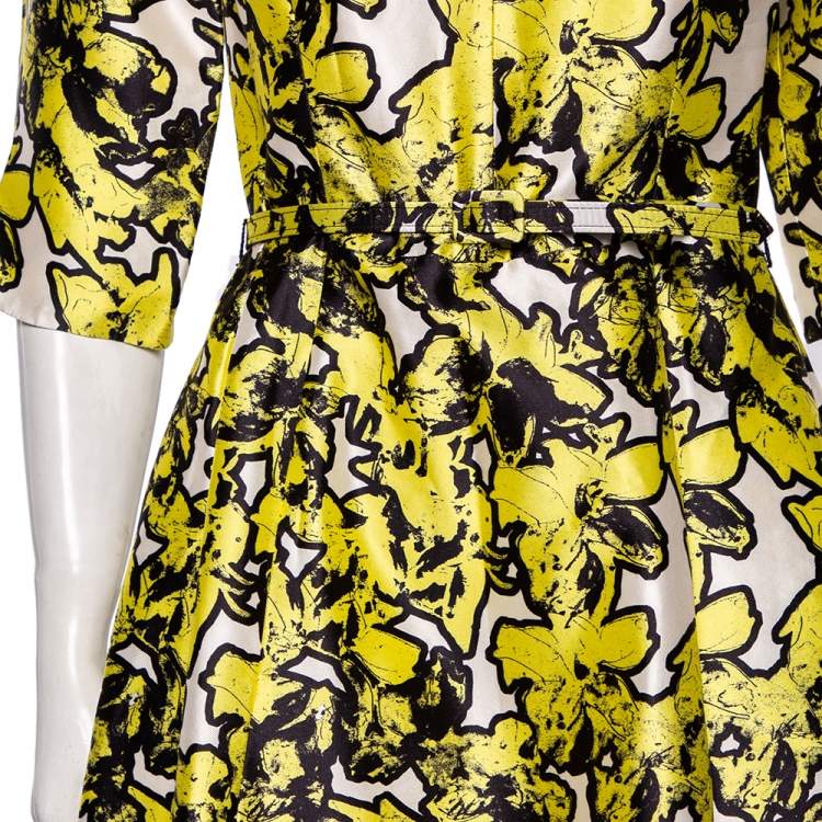 Pre Owned Oscar de la Renta Yellow Printed Silk Belted Maxi Dress M